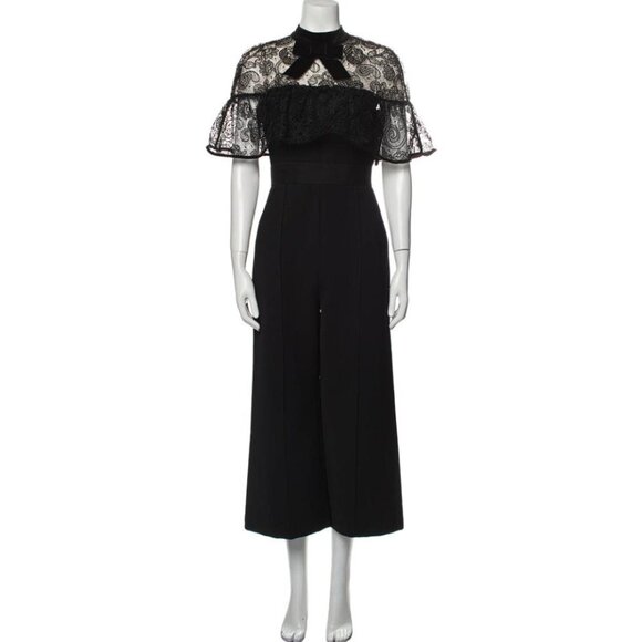 SELF-PORTRAIT Women's Black Crepe Ruffled Lace Panel Wide Leg Jumpsuit Size 8 - Picture 1 of 10